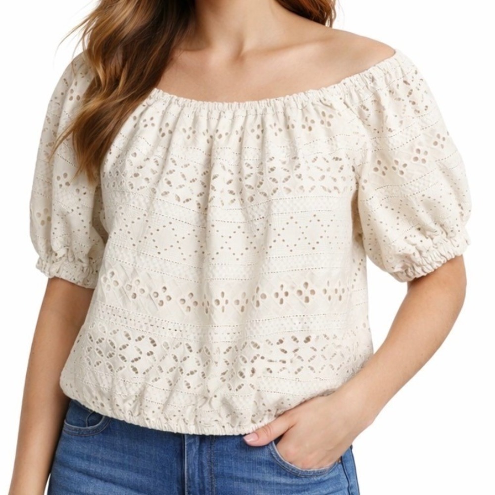 Buffalo David Bitton NWT Eyelet Off Shoulder Puff Sleeve Crop Top Cream Size L